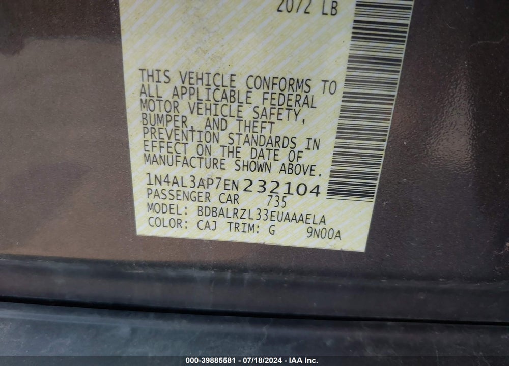2014 NISSAN ALTIMA 2.5 S VIN: 1N4AL3AP7EN232104