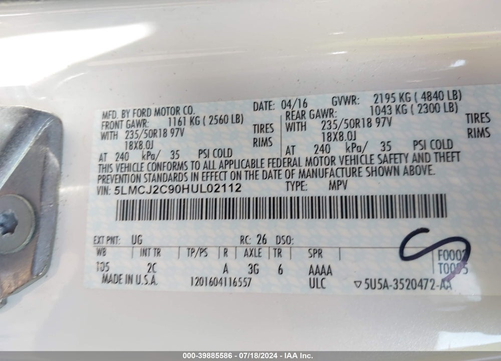 2017 LINCOLN MKC SELECT VIN: 5LMCJ2C90HUL02112