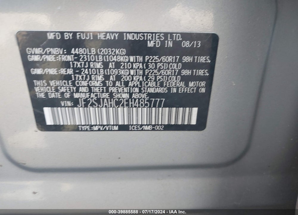 2014 SUBARU FORESTER 2.5I LIMITED VIN: JF2SJAHC2EH485777