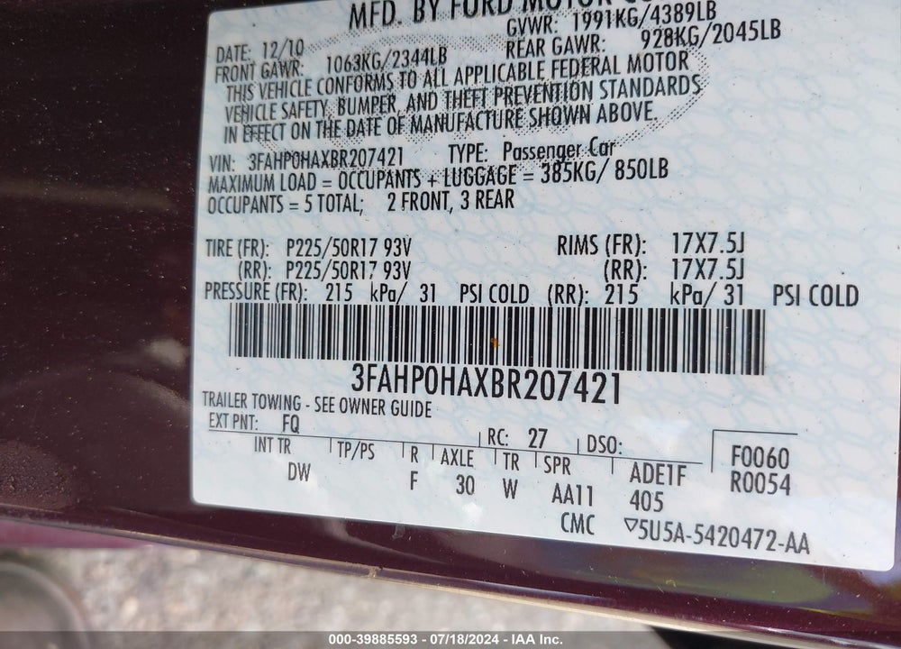 2011 FORD FUSION SE VIN: 3FAHP0HAXBR207421