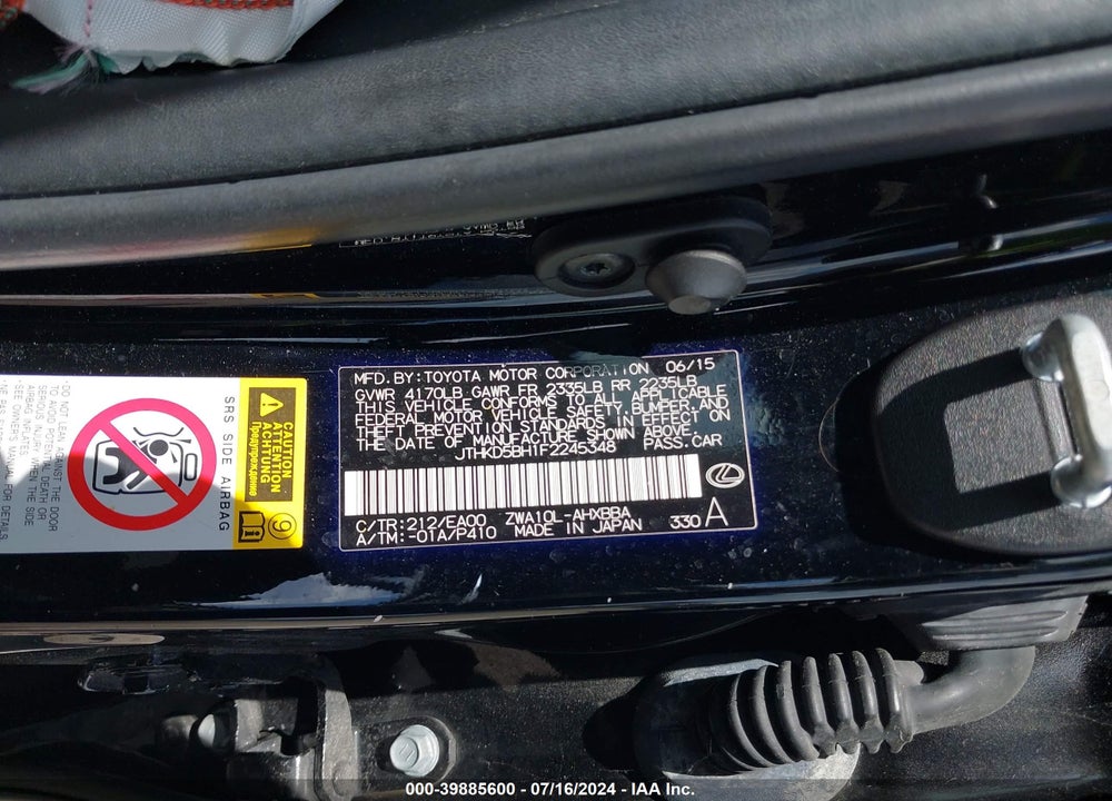 2015 LEXUS CT 200H VIN: JTHKD5BH1F2245348