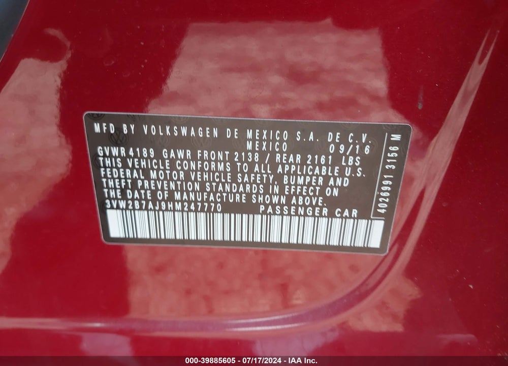 2017 VOLKSWAGEN JETTA 1.4T S VIN: 3VW2B7AJ9HM247770