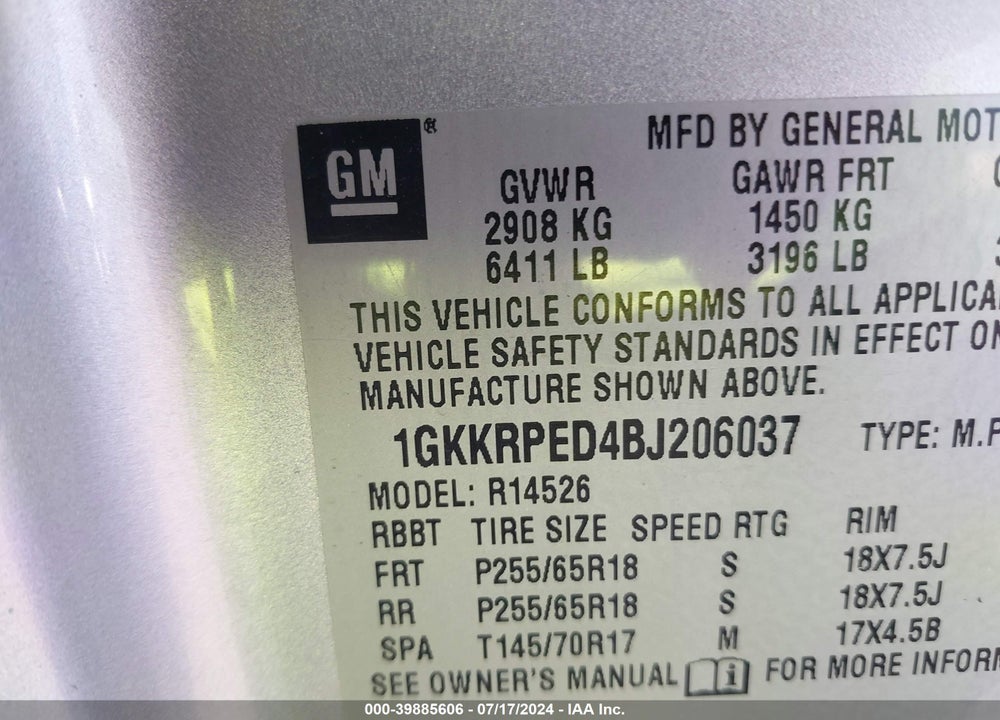 2011 GMC ACADIA SLE VIN: 1GKKRPED4BJ206037
