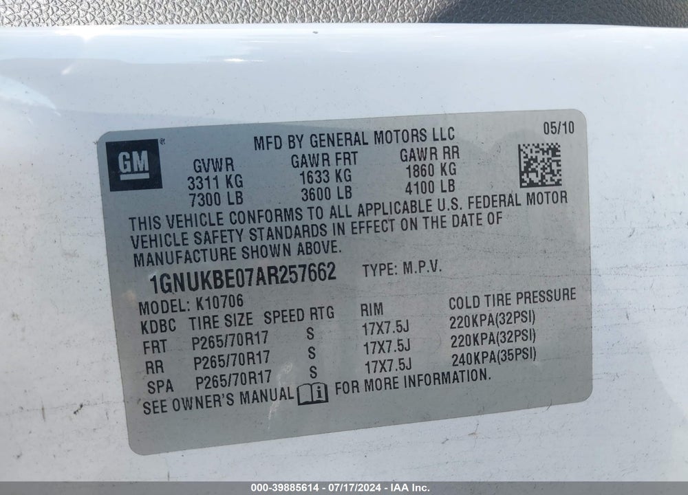 2010 CHEVROLET TAHOE LT VIN: 1GNUKBE07AR257662
