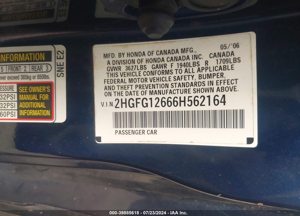 2006 HONDA CIVIC LX VIN: 2HGFG12666H562164