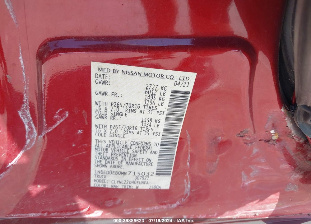 2021 NISSAN FRONTIER SV 4X4 VIN: 1N6ED0EB0MN715032