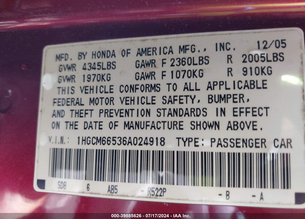 2006 HONDA ACCORD 3.0 EX VIN: 1HGCM66536A024918