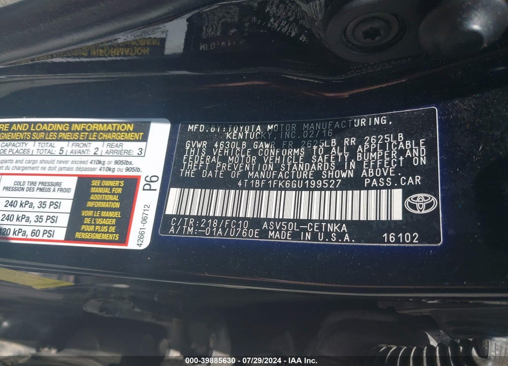 2016 TOYOTA CAMRY LE VIN: 4T1BF1FK6GU199527