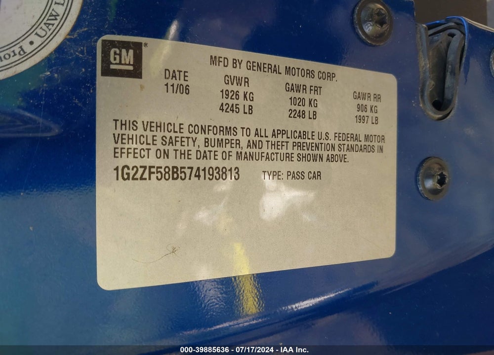 2007 PONTIAC G6 VALUE LEADER VIN: 1G2ZF58B574193813