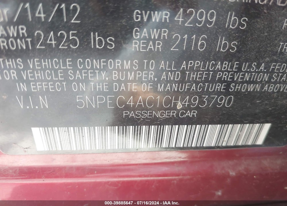 2012 HYUNDAI SONATA LIMITED VIN: 5NPEC4AC1CH493790