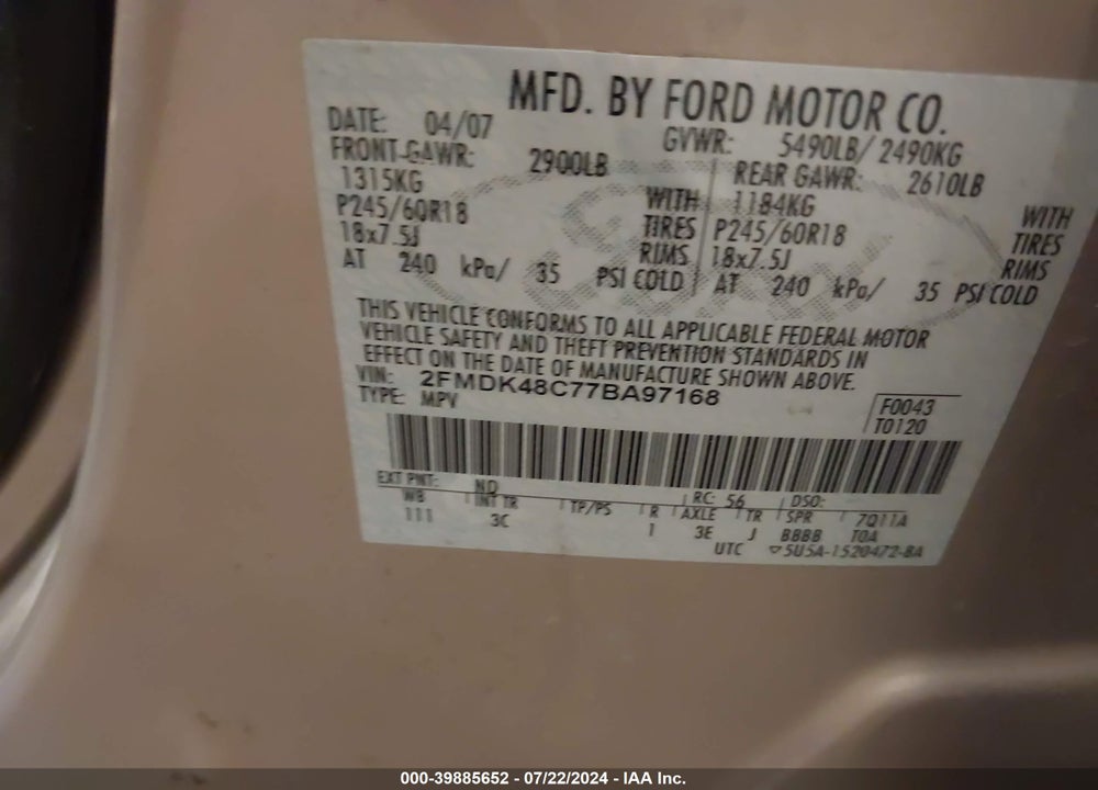 2007 FORD EDGE SEL VIN: 2FMDK48C77BA97168