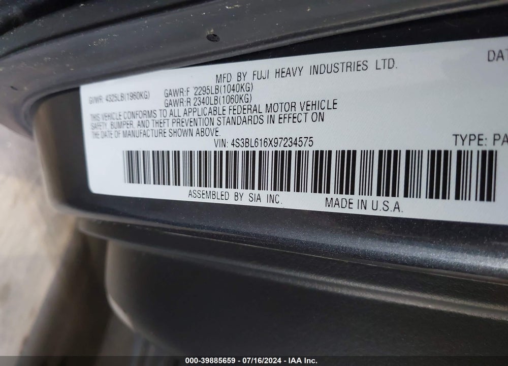 2009 SUBARU LEGACY 2.5I VIN: 4S3BL616X97234575