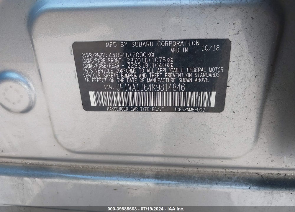 2019 SUBARU WRX LIMITED VIN: JF1VA1J64K9814846