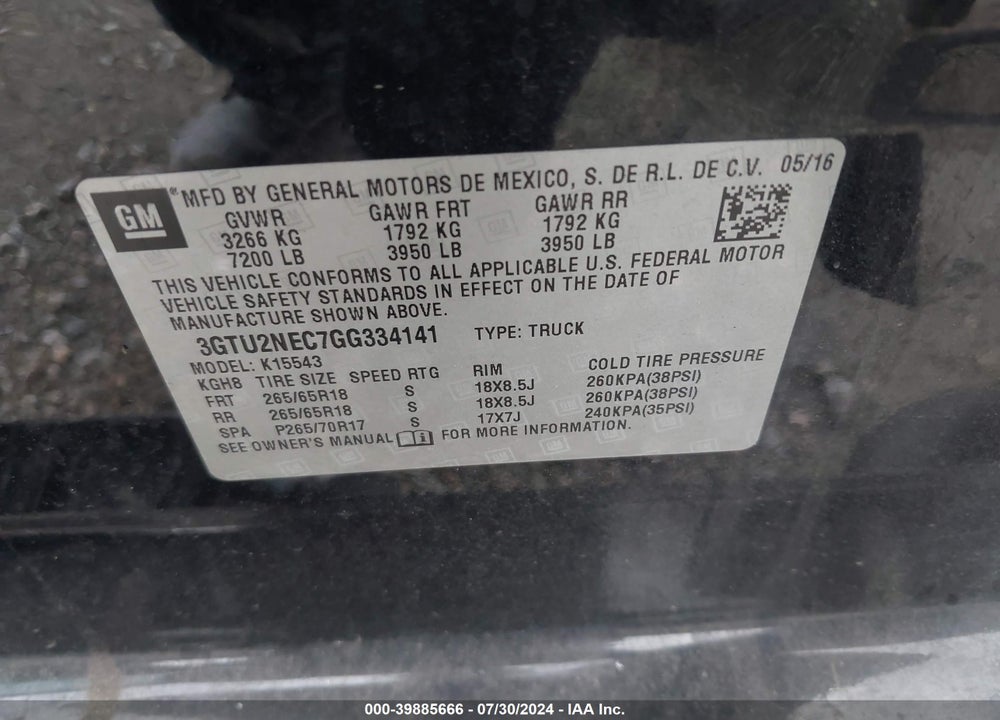 2016 GMC SIERRA 1500 SLT VIN: 3GTU2NEC7GG334141