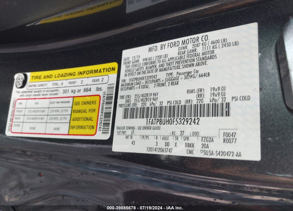 2015 FORD MUSTANG ECOBOOST PREMIUM VIN: 1FATP8UH0F5329242