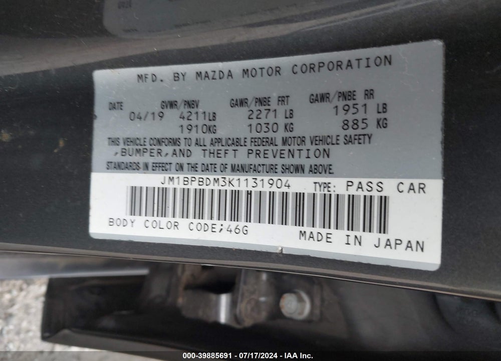 2019 MAZDA MAZDA3 VIN: JM1BPBDM3K1131904