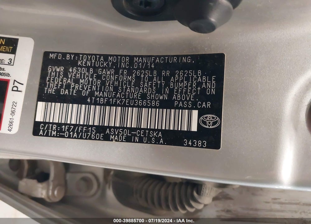 2014 TOYOTA CAMRY SE VIN: 4T1BF1FK7EU366586