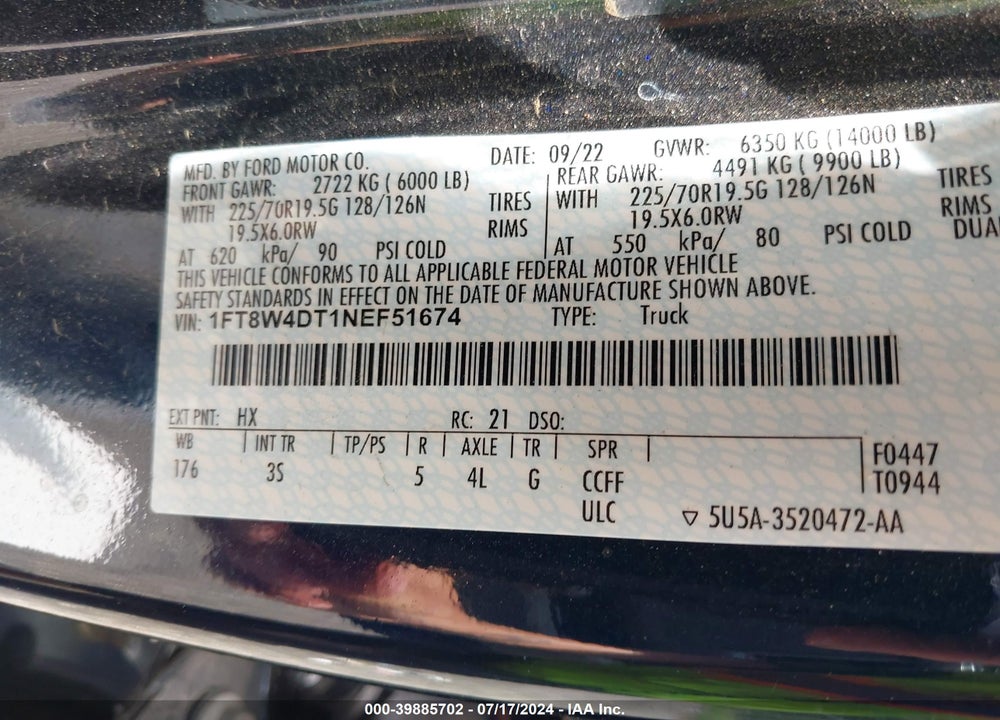 2022 FORD F-450 XLT VIN: 1FT8W4DT1NEF51674