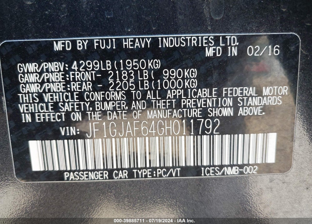 2016 SUBARU IMPREZA 2.0I PREMIUM VIN: JF1GJAF64GH011792