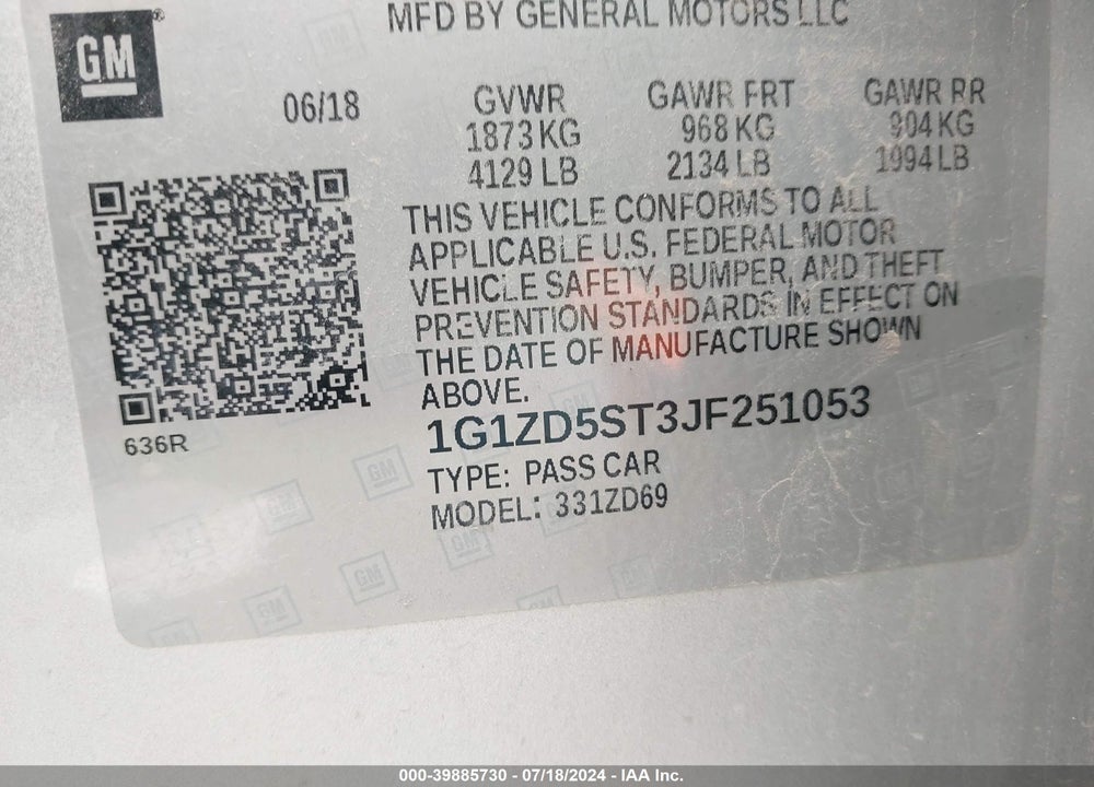 2018 CHEVROLET MALIBU LT VIN: 1G1ZD5ST3JF251053