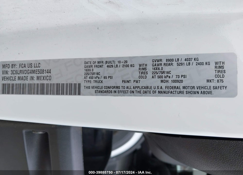 2021 RAM PROMASTER 2500 HIGH ROOF 159 WB VIN: 3C6LRVDG4ME508144