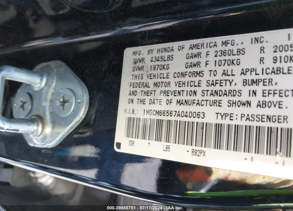 2007 HONDA ACCORD VIN: 1HGCM66567A040063