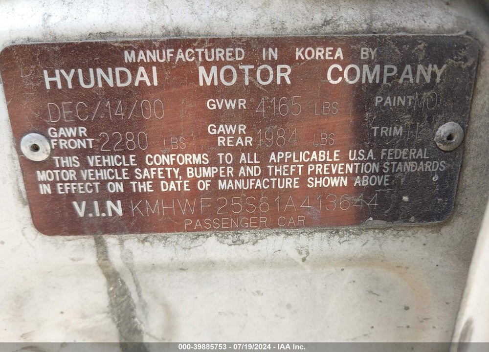 2001 HYUNDAI SONATA VIN: KMHWF25S61A413644