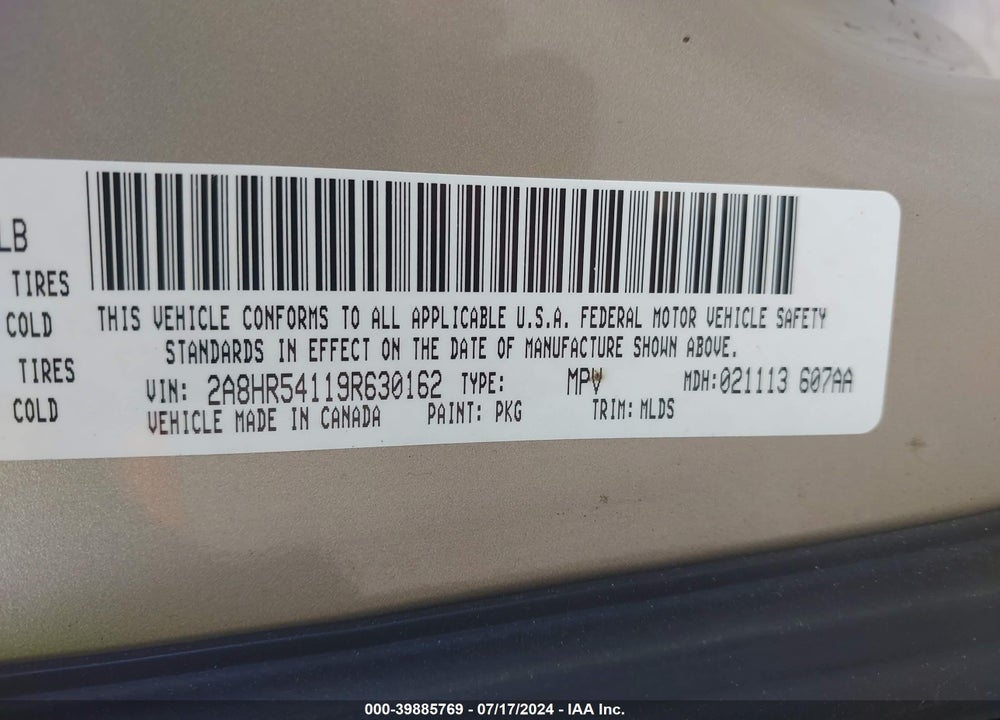 2009 CHRYSLER TOWN & COUNTRY TOURING VIN: 2A8HR54119R630162