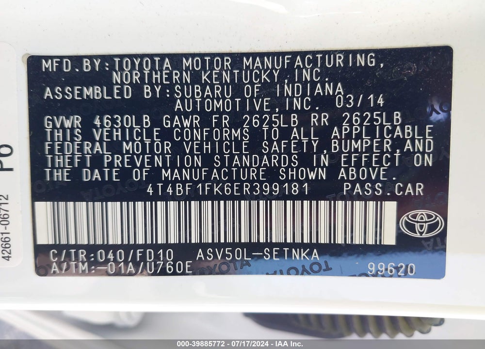 2014 TOYOTA CAMRY LE VIN: 4T4BF1FK6ER399181