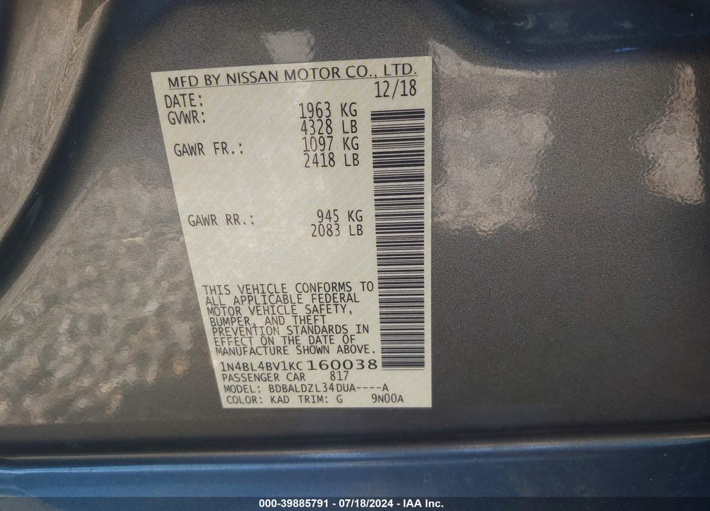 2019 NISSAN ALTIMA VIN: 1N4BL4BV1KC160038