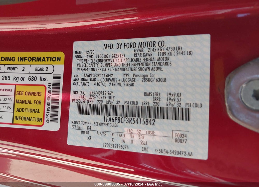 2024 FORD MUSTANG GT PREMIUM FASTBACK VIN: 1FA6P8CF3R5415842