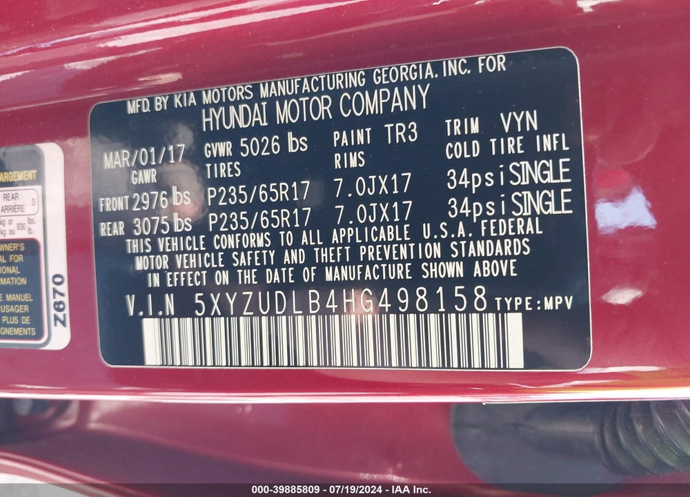2017 HYUNDAI SANTA FE SPORT 2.4L VIN: 5XYZUDLB4HG498158