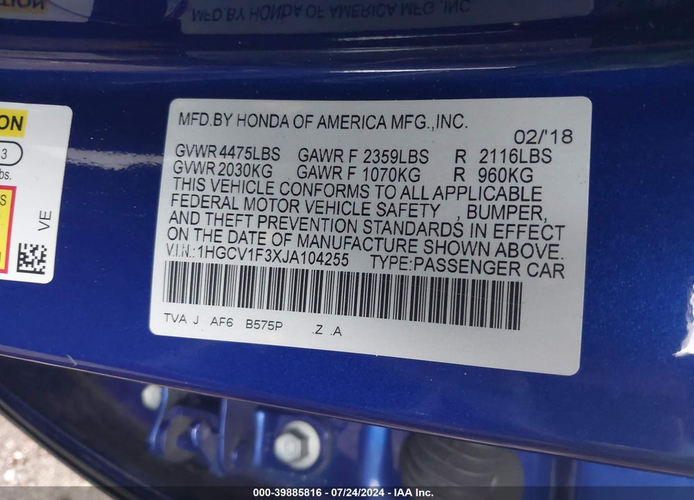 2018 HONDA ACCORD SPORT VIN: 1HGCV1F3XJA104255