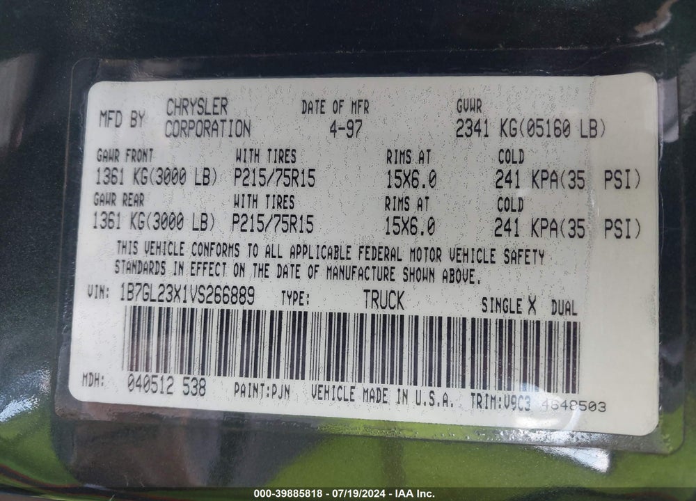 1997 DODGE DAKOTA SLT/SPORT VIN: 1B7GL23X1VS266889
