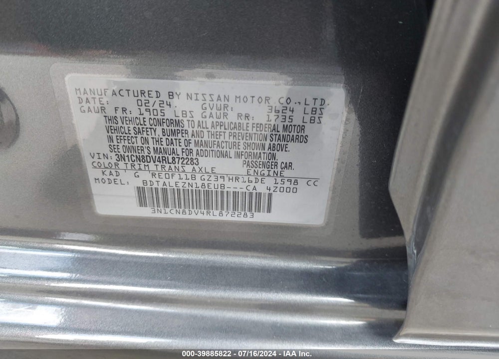 2024 NISSAN VERSA 1.6 S+ VIN: 3N1CN8DV4RL872283