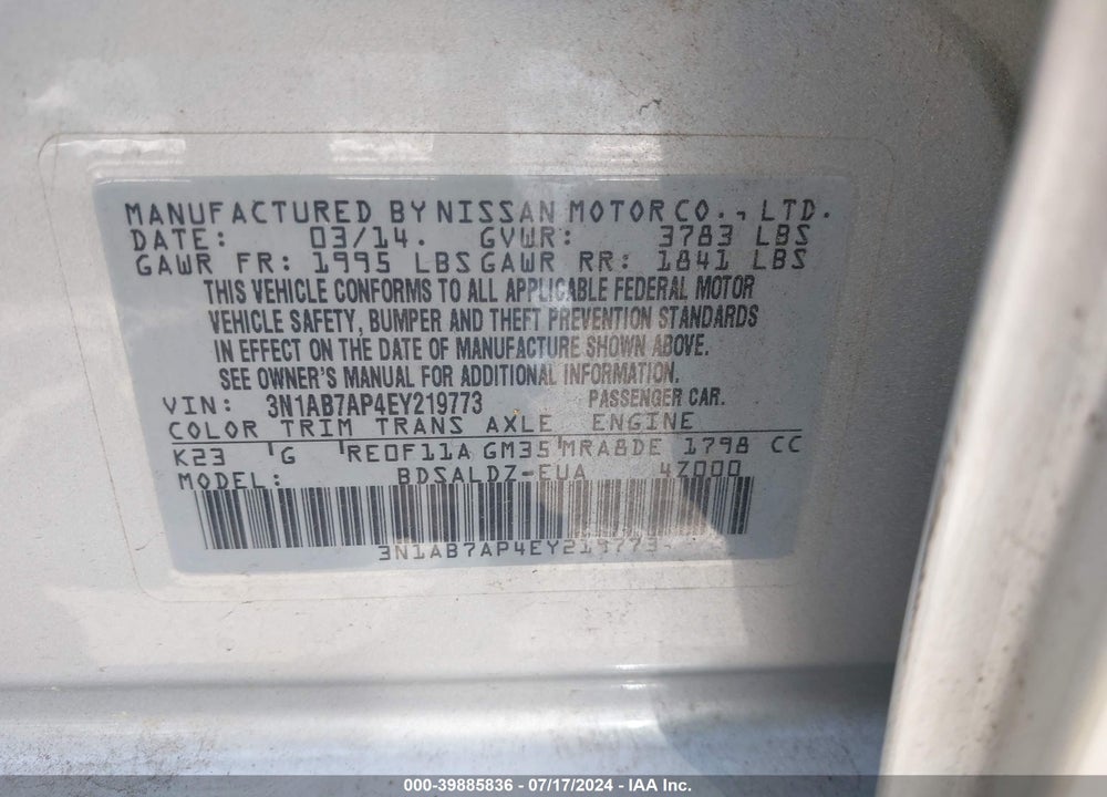 2014 NISSAN SENTRA SV VIN: 3N1AB7AP4EY219773