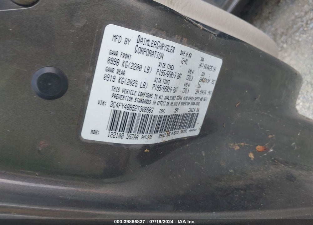 2002 CHRYSLER PT CRUISER VIN: 3C4FY48B52T306603