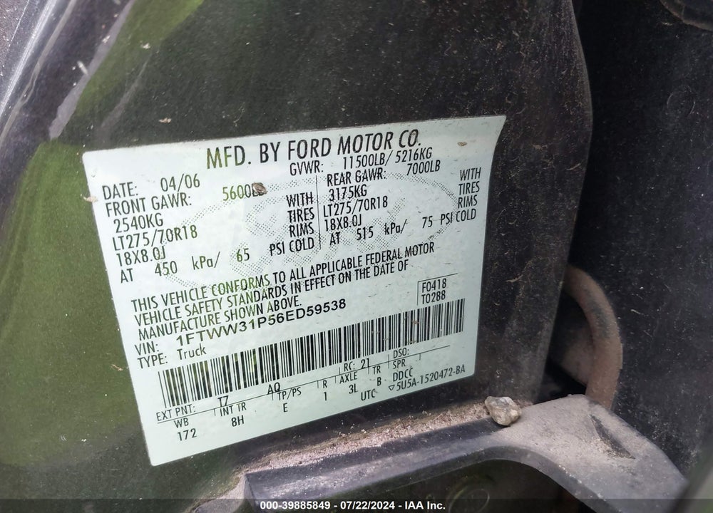 2006 FORD F-350 LARIAT/XL/XLT VIN: 1FTWW31P56ED59538