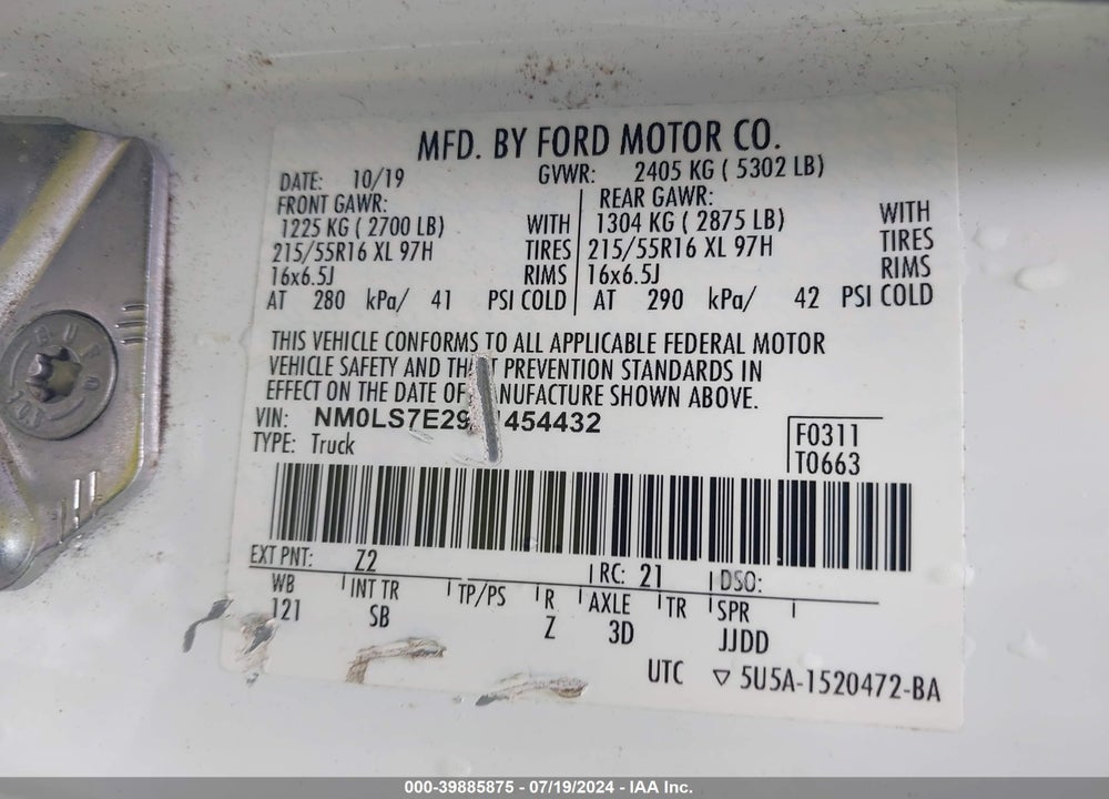 2020 FORD TRANSIT CONNECT XL VIN: NM0LS7E29L1454432