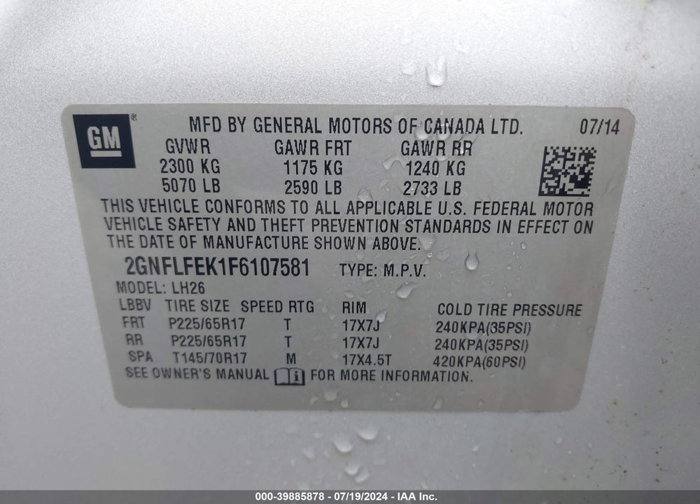 2015 CHEVROLET EQUINOX 1LT VIN: 2GNFLFEK1F6107581