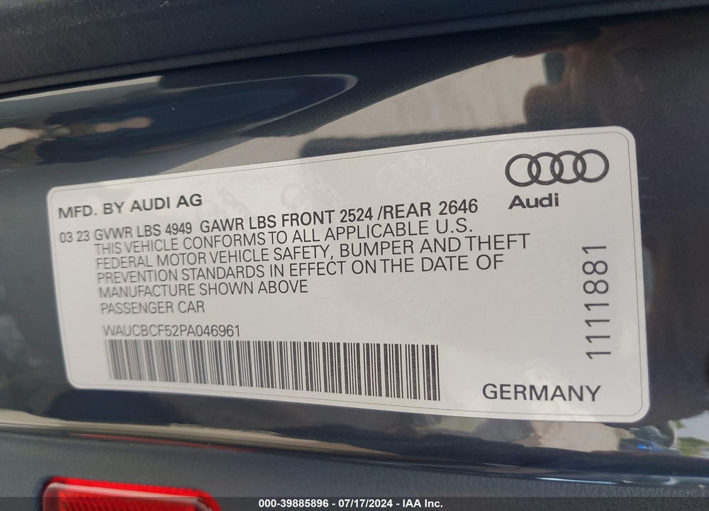 2023 AUDI A5 SPORTBACK PREMIUM PLUS 40 TFSI QUATTRO S TRONIC VIN: WAUCBCF52PA046961