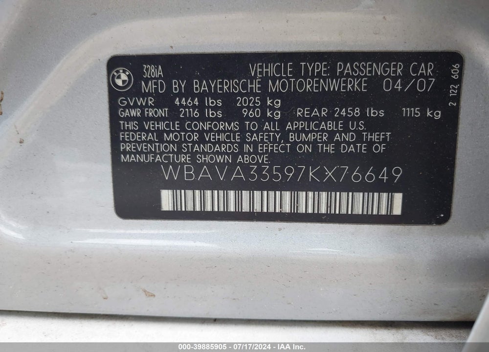 2007 BMW 328I VIN: WBAVA33597KX76649