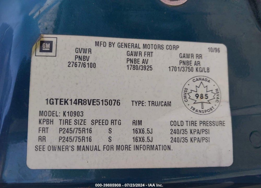1997 GMC SIERRA 1500 SL SPORTSIDE/SL WIDESIDE VIN: 1GTEK14R8VE515076