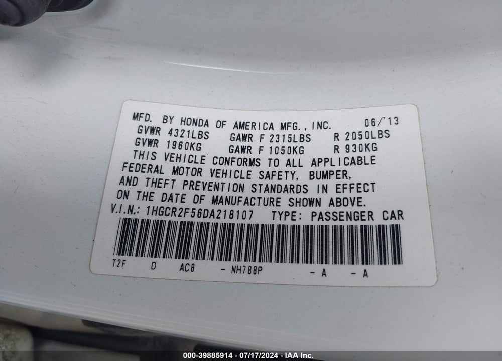 2013 HONDA ACCORD SPORT VIN: 1HGCR2F56DA218107