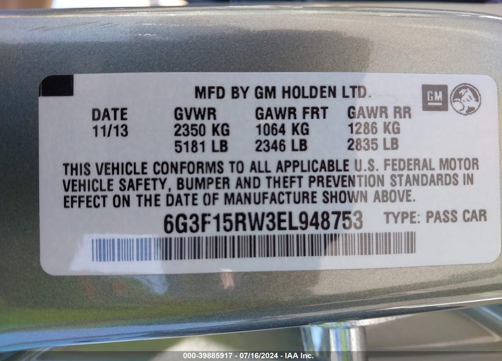 2014 CHEVROLET SS VIN: 6G3F15RW3EL948753