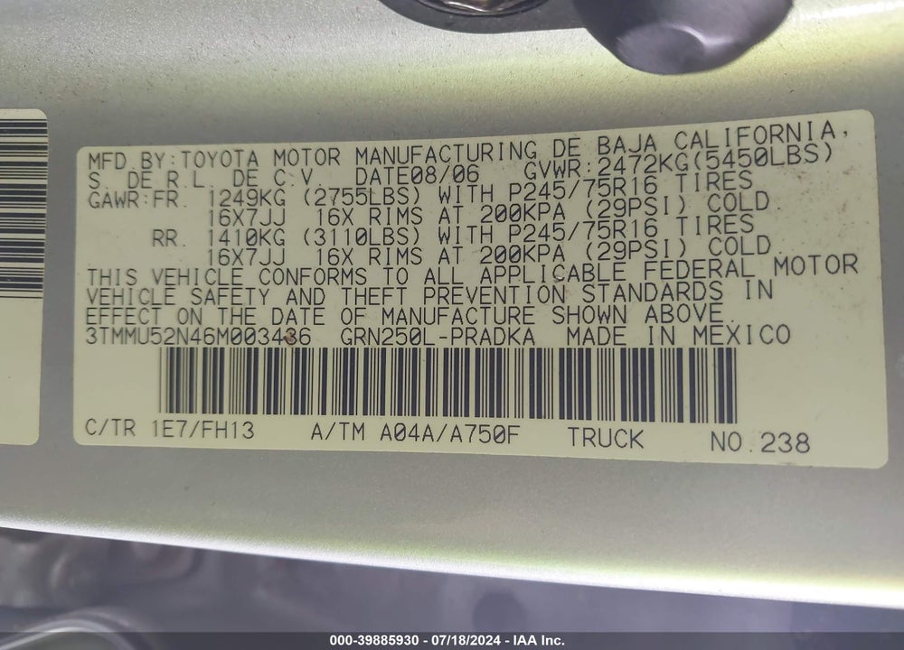 2006 TOYOTA TACOMA BASE V6 VIN: 3TMMU52N46M003436