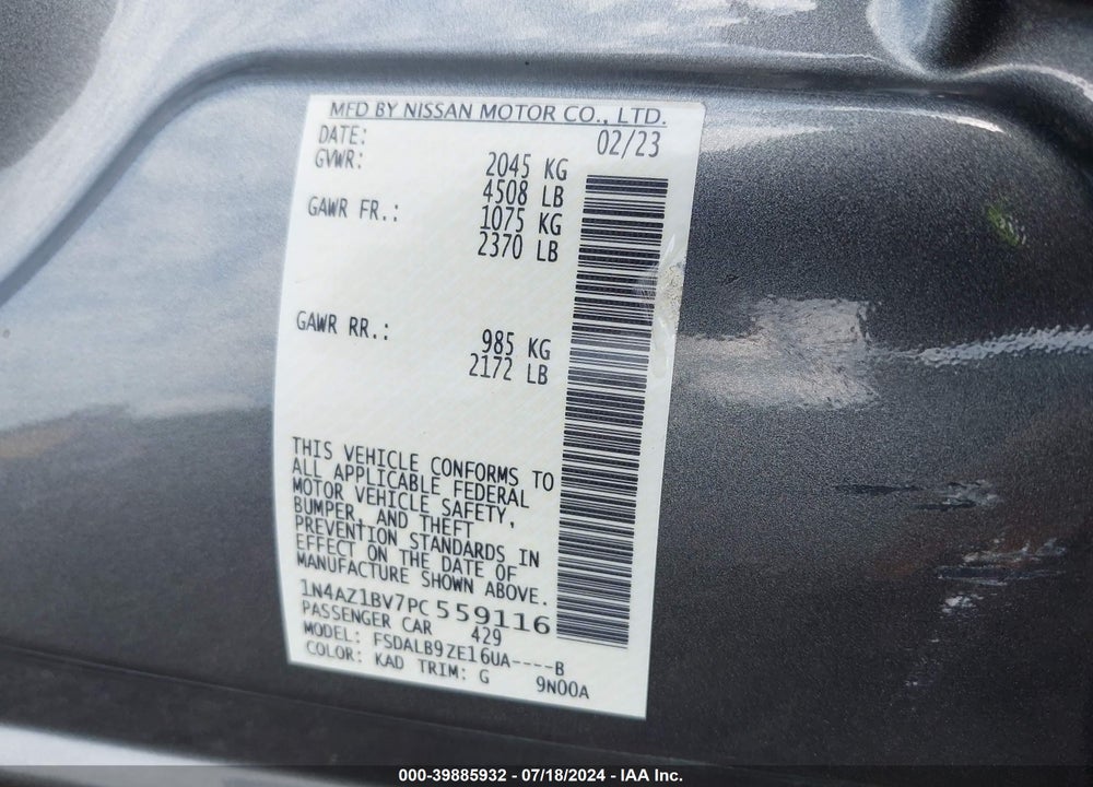 2023 NISSAN LEAF S 40 KWH VIN: 1N4AZ1BV7PC559116