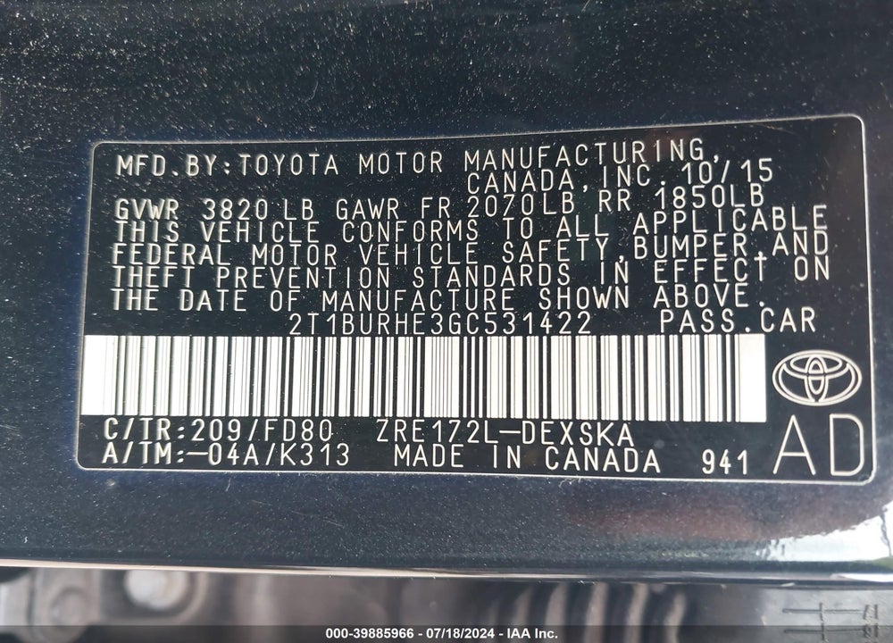 2016 TOYOTA COROLLA S PLUS VIN: 2T1BURHE3GC531422