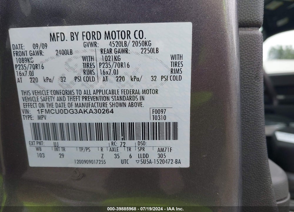 2010 FORD ESCAPE XLT VIN: 1FMCU0DG3AKA30264