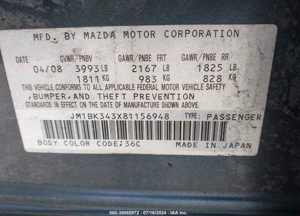 2008 MAZDA 3 S SPORT VIN: JM1BK343X81156948